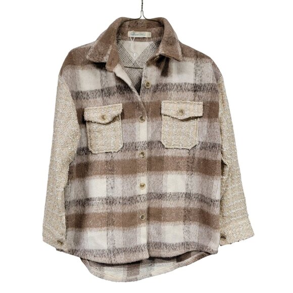 Southern Grace Plaid Shacket Jacket Brown Beige Tweed Pockets Button Down - Picture 3 of 6